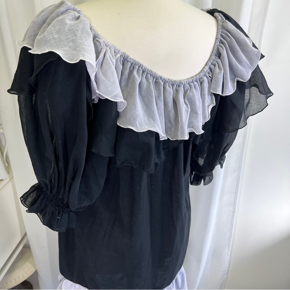 Vintage 80s Black and Silver Ruffle Cotton Gauze Mini Dress - Picture 7 of 16